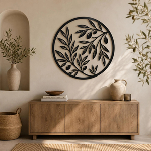 Couronne murale élégante en métal noir avec branche d'olivier, décoration minimaliste en forme de feuille pour salons contemporains - Product Image 4