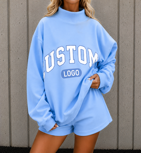 Sudadera Oversize de Mujer Azul Claro Sólido con Cuello Mockneck Estilo Urbano, Logotipo Personalizado, Estampado de Letras, Bordado, Hombros Caídos, Manga Larga - Product Image 1