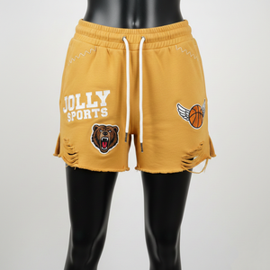 Shorts de mujer de algodón, poliéster y felpa, elásticos, cómodos, con apliques de chenilla y bordado, logotipo personalizado. - Product Image 1