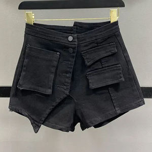High Waist <b>Cargo</b> <b>Shorts</b> <b>Women</b> Solid Color Denim Button Fly Casual Style Breathable Loose Fit Woven Washed - Product Image 3