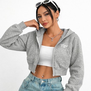 Sudadera Corta Blanca de Moda para Mujer con Adornos de Perlas y Pedrería, Manga Larga, Informal, 400 GSM, Sudadera con Capucha, OEM - Product Image 4