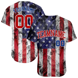 Maillot de baseball authentique et tendance, personnalisé, blanc et rouge-royal, avec drapeau américain 3D, pour la vente en gros directe aux fabricants - Product Image 1