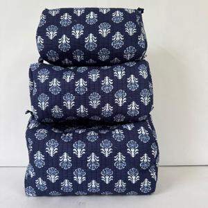 Blue Hand Block Print Quilted Cosmetic <b>Bag</b> Set Cotton Makeup Pouch Travel Organizer Women Storage - Product Image 2
