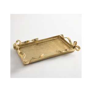 Plateau de service rectangulaire en métal doré avec poignées en ruban, nouveau design, pour servir des en-cas, des desserts et des sucreries. - Product Image 1