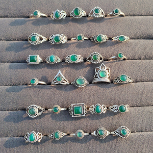 Classic Ethnic Green Onyx <b>Rings</b> Set Silver Plated Brass Bezel Setting Adjustable Gemstone Bulk Lot Bohemian Style Unisex May - Product Image 6