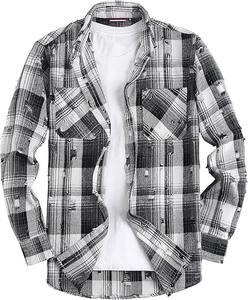 Chemise en flanelle à carreaux vintage noir et blanc avec deux poches poitrine, manches longues, boutonnée, décontractée, en coton - Product Image 2