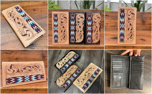 Nouveau portefeuille en cuir véritable de Style occidental pour hommes conception florale usinée à la main perlée détaillant porte-carte de crédit multifonction - Product Image 3