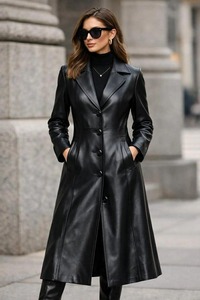 <b>Womens</b> Long Black Genuine Leather Trench <b>Coat</b> Button Front Duster Jacket - Product Image 1