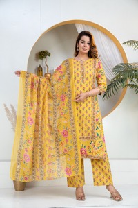 Conjunto Étnico de Algodón Amarillo para Mujer, Estampado Digital Tradicional, Secado Rápido, Largo hasta la Rodilla, Corte Regular, Ropa Casual para Múltiples Ocasiones - Product Image 4