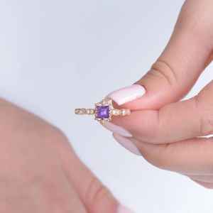 Anillo de Amatista con Corte Princesa Vintage, Certificado IGI, Plata de Ley 925, Chapado en Oro de 14K, Estilo Art Deco, Anillo de Boda con Piedra de Nacimiento - Product Image 2