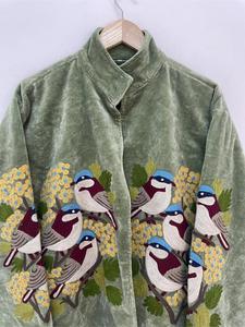 Bohemian Green <b>Velvet</b> Embroidered Suzani Jacket With Sparrow Bird Pattern Full Sleeve Stand Collar Bohemian <b>Women</b> Autumn <b>Coat</b> - Product Image 6