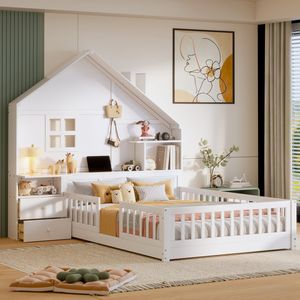 Letto per bambini bianco a grandezza naturale con finestra, cassetti laterali, ripiani e set di prese USB - Product Image 1