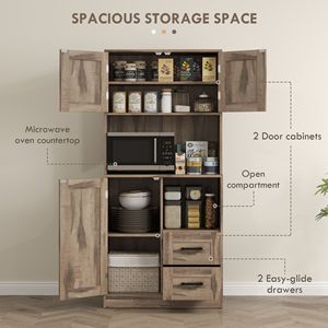 Mobile dispensa da cucina stile rustico da 71 pollici con anta a vetro, piano d'appoggio per forno a microonde, ripiani regolabili in resina, finitura grigia - Product Image 5