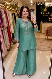 Ensemble indien pakistanais brodé vert à manches longues Kurta Palazzo pour femmes, vêtements de détente - Product Image 2