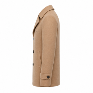Manteau en laine croisé pour homme, coupe ajustée, col à revers cranté, couleur camel, longueur mi-haute - Product Image 3