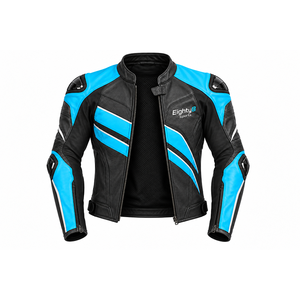 Blouson de moto en cuir unisexe personnalisé avec protection des épaules et des coudes, noir et bleu, coupe-vent, ignifuge, respirant, anti-UV - Product Image 1