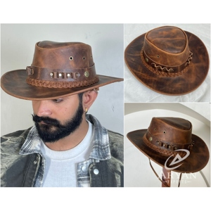 Nuevo Sombrero Vaquero Rústico de Cuero Genuino Marrón Desgastado con Banda Trenzada y Estilo Occidental para Aventuras al Aire Libre - Product Image 1