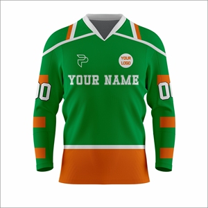Jersey de Hockey sobre Hielo Sublimado Personalizado, Verde Naranja, Cuello en V, Manga Larga, Absorbe la Humedad, Uniforme Deportivo Unisex para Adultos - Product Image 2