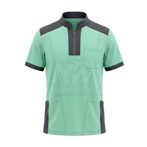 Medical Uniform <b>Scrub</b> <b>Top</b> With Half Zip Front Stand Collar Short Sleeves Comfortable Fit And Modern Workwear Design - Product Image 2