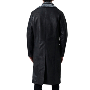 Men's Genuine <b>Leather</b> Double Breasted Fur Collar Trench <b>Coat</b> Notched Lapel Knee Length Overcoat - Product Image 3