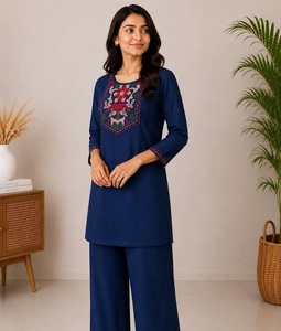 Conjunto Indio-Pakistaní de Algodón Azul Bordado, Kurti Midi Vintage, Pantalón Plazzo, Manga Corta, Ropa Casual y de Oficina para Mujer - Product Image 1
