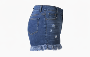 Shorts de mezclilla rasgados de cintura alta para mujer, transpirables, con bordado floral y borde con flecos, elásticos, lavados, pantalones cortos de verano. - Product Image 3