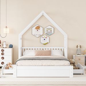 Letto a piattaforma in legno bianco queen size con sponda di sicurezza e 2 cassetti per la cameretta dei bambini - Product Image 3