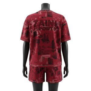 Conjunto de camiseta y pantalones cortos para mujer, jersey de poliéster y algodón premium, 180 GSM, rojo, estampado por sublimación en toda la superficie, logotipo personalizado, conjuntos para mujer - Product Image 2