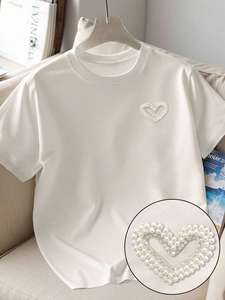 Camiseta Casual de Lujo para Mujer, con Cuentas de Imitación de Perla, Cuello Redondo, Manga Corta, Blusa de Verano con Gráficos de Pedrería - Product Image 3