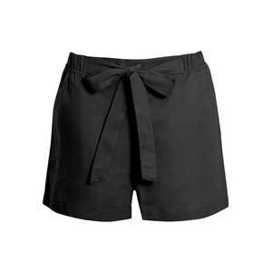 Shorts cargo en coton tricoté respirant pour femme, taille haute, coupe ample, avec cordon de serrage à nœud, couleur noire unie, style décontracté - Product Image 1