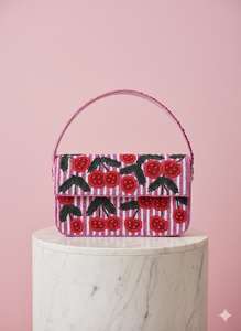 Handmade Embroidered Rectangular Handbag With <b>Cherry</b> Pattern Pink Striped Cotton Textile Craft - Product Image 3
