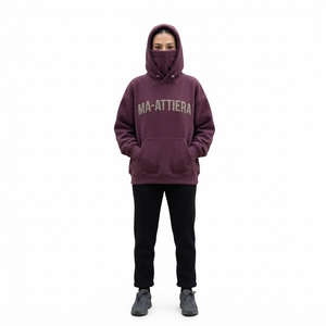 Women's Burgundy Balaclava Pullover Hoodie Fleece Sweatshirt <b>Face</b> Cover Oversized Streetwear - Product Image 1