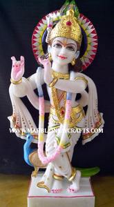 Statue de Dieu Krishna en marbre blanc au design unique, représentant la culture hindoue, avec un paon, pour la décoration de la maison, fabrication indienne de qualité. - Product Image 3