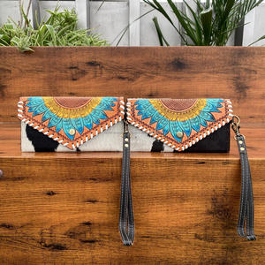 Cartera de cuero de gran capacidad, nueva moda, tallado, cuero de vaca, elegante, turquesa, Floral, tarjetero para mujer - Product Image 4