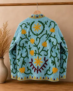 Bohemian Blue Fleece <b>Velvet</b> Suzani <b>Jacket</b> With Floral Embroidery Stand Collar Full Sleeve <b>Women's</b> Autumn Outerwear - Product Image 4