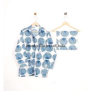 Women Pajama Set Long Sleeve Shirt Full Length <b>Pants</b> Blue Floral Print 100%Cotton Soft Elastic Waist Quick-Dry Casual Summer - Product Image 2