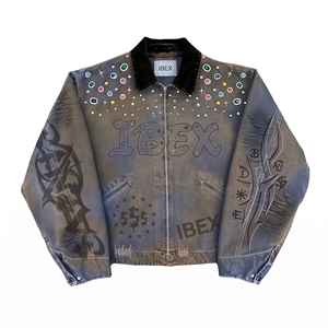 Veste en jean surdimensionnée pour homme, brodée de strass, avec fermeture éclair, col imprimé, style streetwear, veste de motard, OEM ODM - Product Image 6