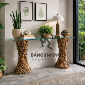 Mesa de Consola Hecha de Madera de Teca Sólida con Vidrio Transparente, Diseño Moderno, Duradera para Hogares, Hoteles y Villas - Product Image 4