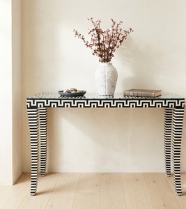 Modern <b>Black</b> and White Bone Inlay <b>Console</b> Table with Glass Top Decorative Design Mango Wood Living Room Furniture - Product Image 1