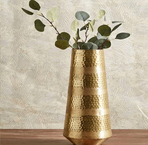 Stunning tall hammered <b>gold</b> metal floor <b>vase</b> showcasing a highly textured horizontal banded look available at wholesale prices. - Product Image 1