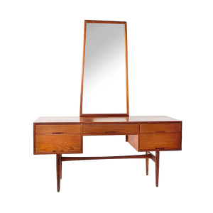 Danish Mid-Century Modern Low-Profile Vanity <b>Desk</b> <b>with</b> Tall Framed Rectangular Mirror, Double Pedestal <b>Drawers</b>, & Tapered Wooden - Product Image 1
