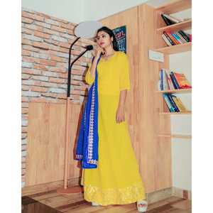 Robe Gotta faite à la main, jaune vif, silhouette trapèze, magnifique dupatta Lehariya, taille XS, tissu organza, taille naturelle, col rond - Product Image 6