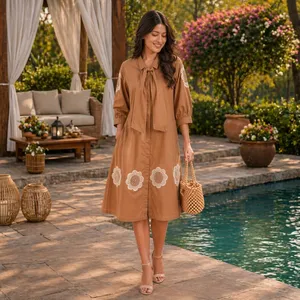 Floral Embroidered Tie Neck Midi Dress Women Three Quarter Sleeve <b>Boho</b> <b>Shirt</b> Dress Spring Casual Woven Cotton Loose Fit - Product Image 3
