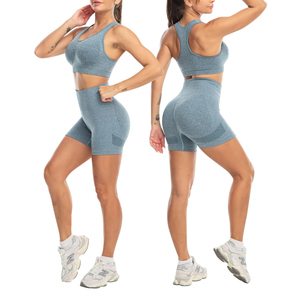 Women Gray Seamless Yoga Set Sports <b>Bra</b> High Waist Leggings 3 Piece Workout Activewear Full Length <b>Racerback</b> Crop Top - Product Image 2