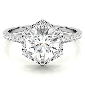 Round Cut Moissanite 14k Gold Plated Geometric Sterling <b>Silver</b> <b>Solitaire</b> Engagement Bridal Wedding Promise <b>Ring</b> - Product Image 1
