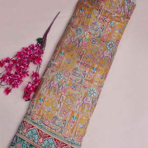 ผ้าไหมโดลาพรีเมียม ผ้าเครปธรรมชาติ สีเหลืองมัสตาร์ด สำหรับเสื้อผ้าเด็กผู้ชาย ลายพิมพ์วิวทิวทัศน์แบบชาติพันธุ์ ลายช้าง ขอบนุ่ม - Product Image 6