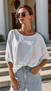 Camiseta de mujer con hombros caídos, estilo oversize, estampada, cuello redondo, ligera y holgada, para uso casual - Product Image 3