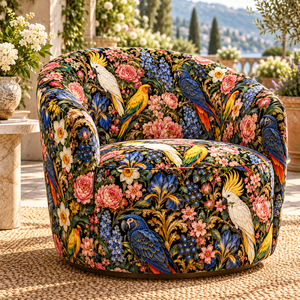 Tissu d'ameublement tissé léger et respirant PRANIKA INTERNATIONAL à imprimé floral sombre et oiseaux tropicaux pour canapé et chaise - Product Image 1