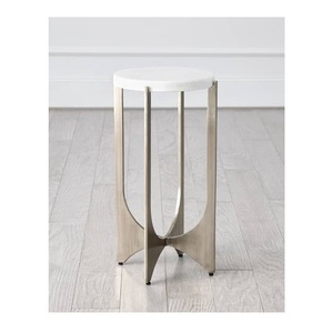 Modern <b>Round</b> White Marble Drink <b>Table</b> with Champagne <b>Gold</b> Base – Arch Silhouette Pedestal End <b>Table</b> for Living Room Bedroom - Product Image 2