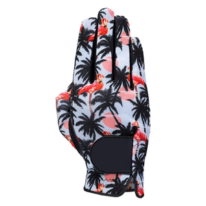Gant de golf unisexe en cuir véritable antidérapant avec imprimé palmiers flamants roses, main gauche, fermeture à enfiler, impression numérique - Product Image 1